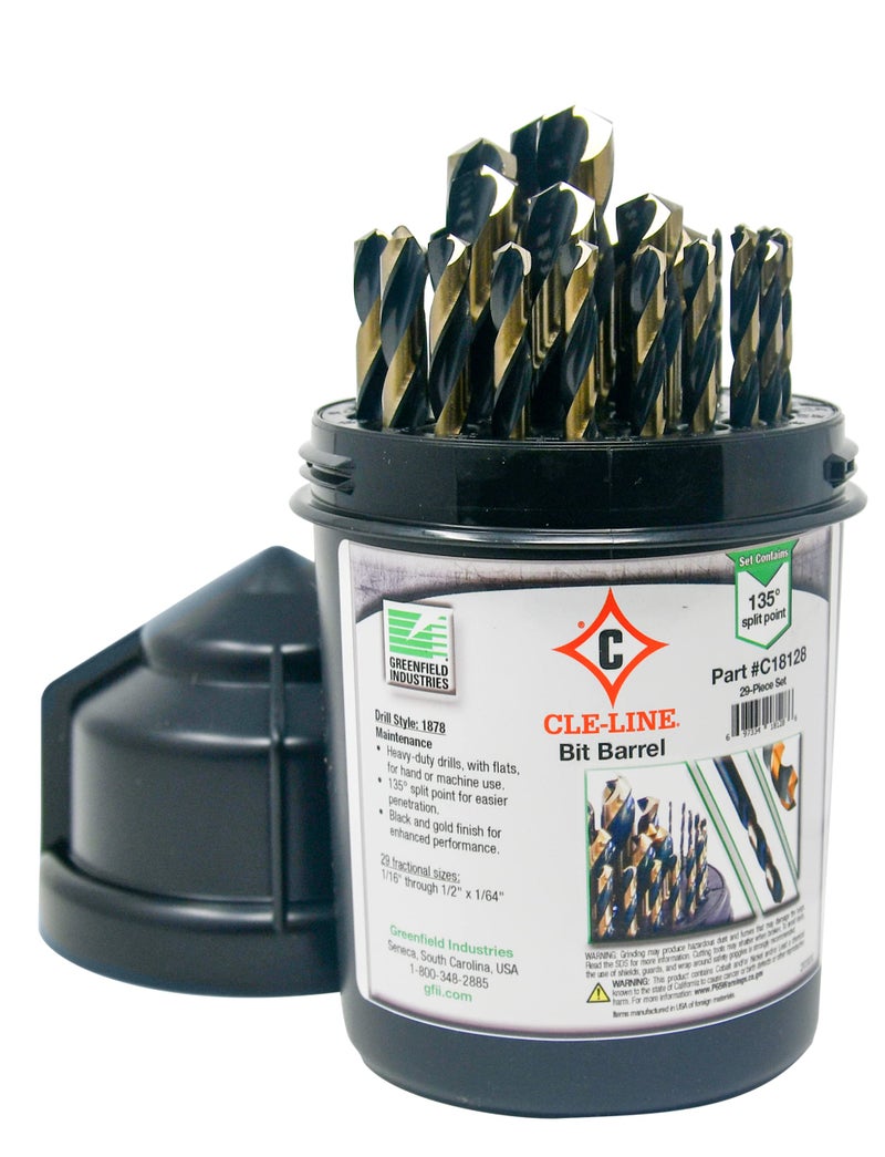 Cle-Line C18128 Bit Barrel Style 1878 High Speed Steel Jobber Length Drill Set, Black and Gold Finish, 1/16" - 1/2" Size, 29 Pieces - Image 1